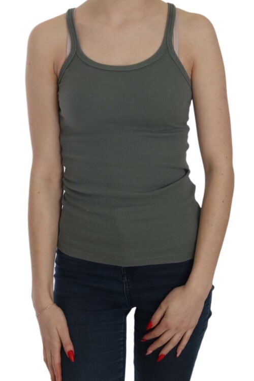 PINK MEMORIES Elegant Round Neck Sleeveless Green Cotton Blouse