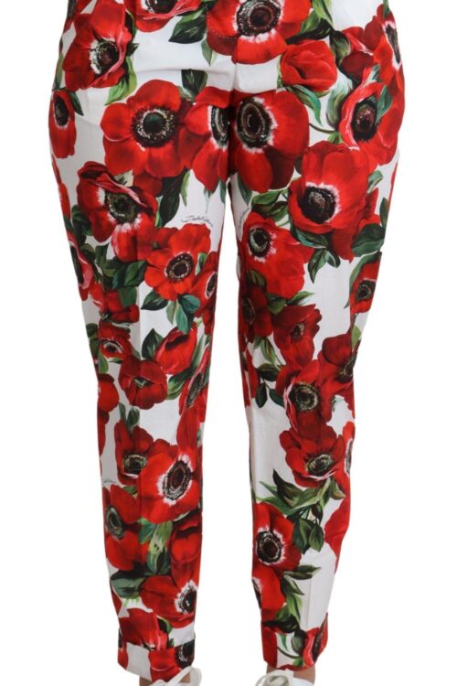 Dolce & Gabbana Elegant White Poppy Print Tapered Pants