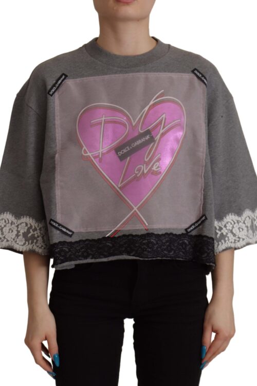 Dolce & Gabbana Chic Grey Cotton Heart Tee with Bell Sleeves