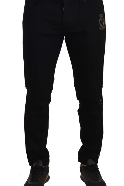 Dolce & Gabbana Heraldic Embroidered Slim Fit Black Jeans