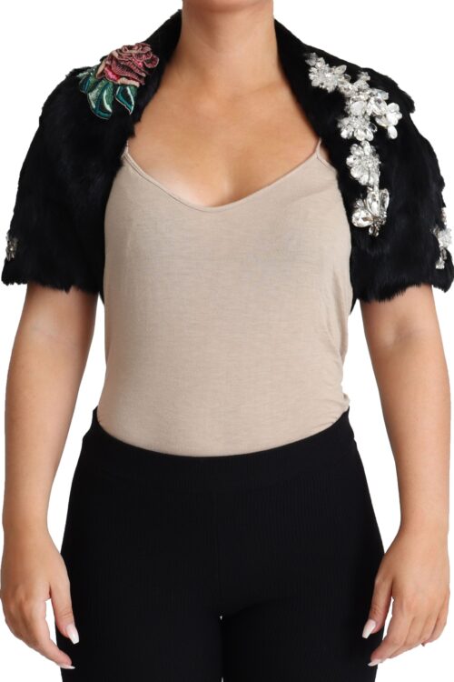Dolce & Gabbana Elegant Black Rabbit Fur Crystal Jacket