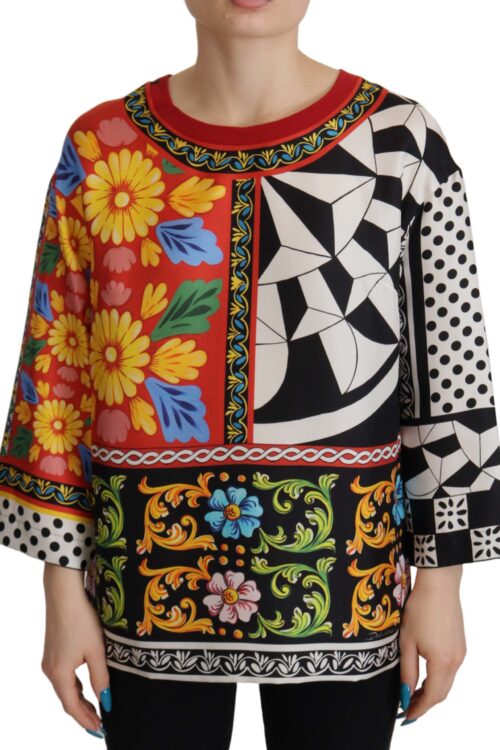 Dolce & Gabbana Silk Baroque Floral Round Neck Blouse