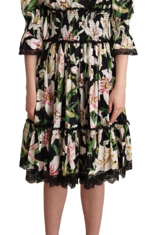 Dolce & Gabbana Elegant Lily Print Midi Dress with Lace Trim