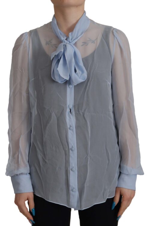 Dolce & Gabbana Elegant Silk Ascot Collar Blouse in Light Blue