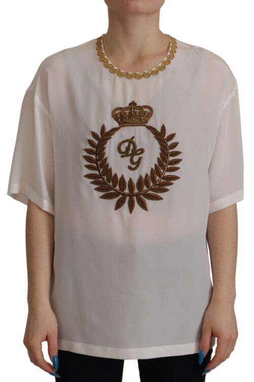 Dolce & Gabbana Elegant Silk Blouse with Gold Crown Embroidery