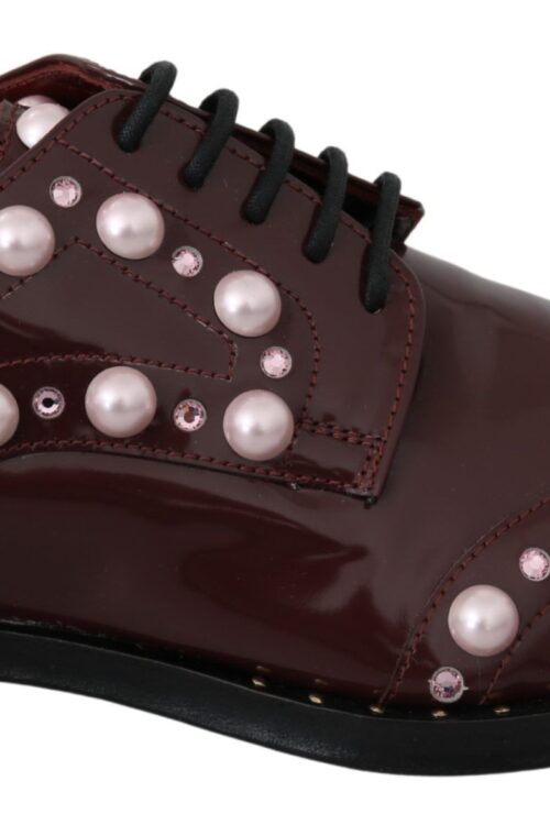 Dolce & Gabbana Elegant Bordeaux Lace-Up Flats with Pearls and Crystals
