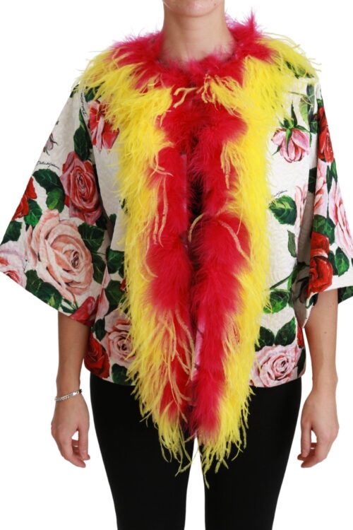 Dolce & Gabbana Elegant Floral Cape Jacket with Fur Details