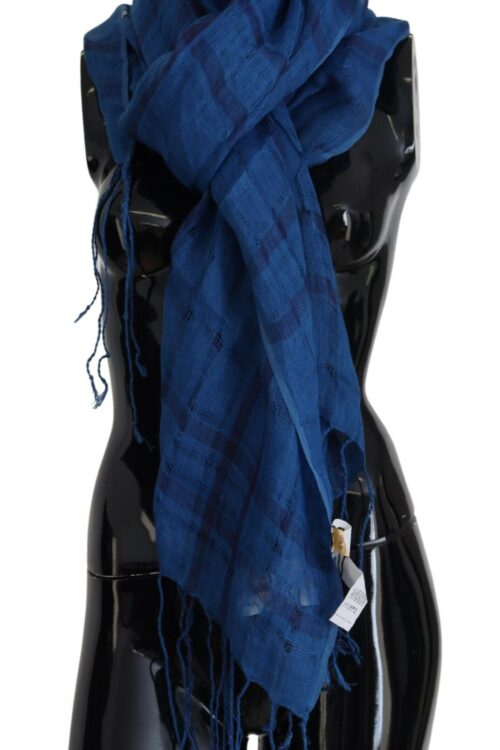 Costume National Chic Linen Fringed Scarf in Blue Checkered