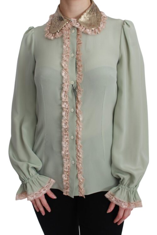 Dolce & Gabbana Elegant Mint Green Silk Blend Sequin Collar Top