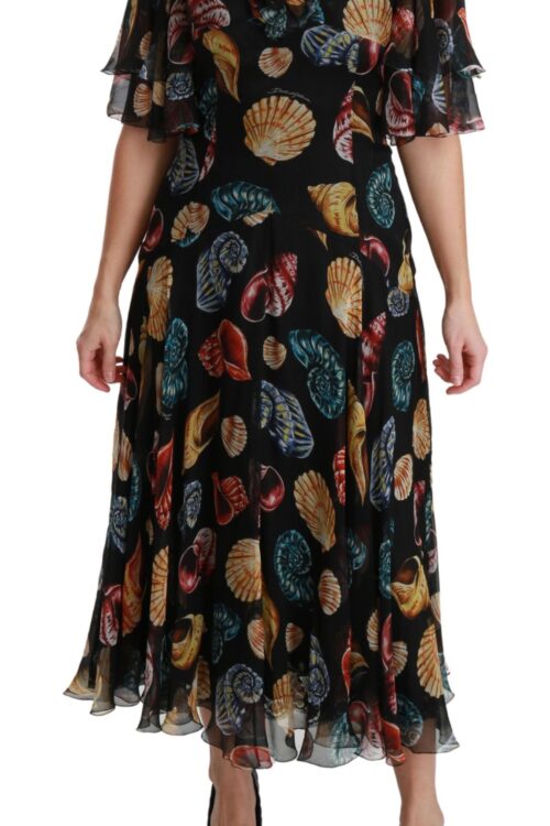 Dolce & Gabbana Elegant Sea Shells Print Silk Midi Dress