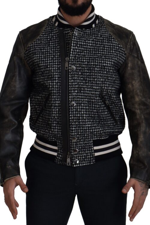 Dolce & Gabbana Multicolor Houndstooth Leather Bomber Jacket