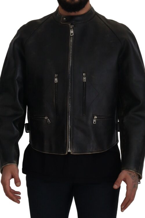Dolce & Gabbana Elegant Black Leather Jacket with Silver Details