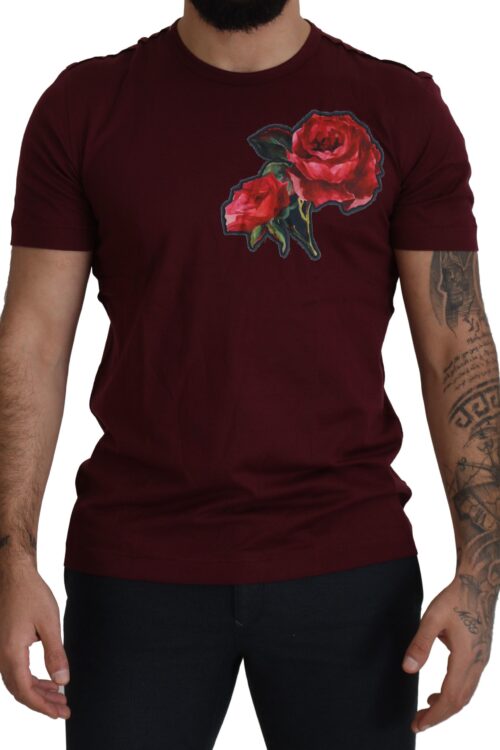 Dolce & Gabbana Elegant Bordeaux Roses Motif Crewneck Tee