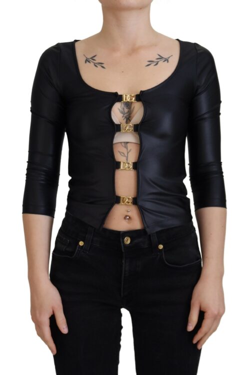 Dolce & Gabbana Elegant Black 3/4 Sleeve Top with Gold Detailing