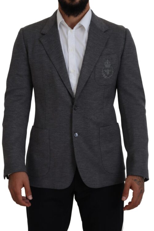 Dolce & Gabbana Elegant Gray Wool Blazer with Bee Crown Embroidery