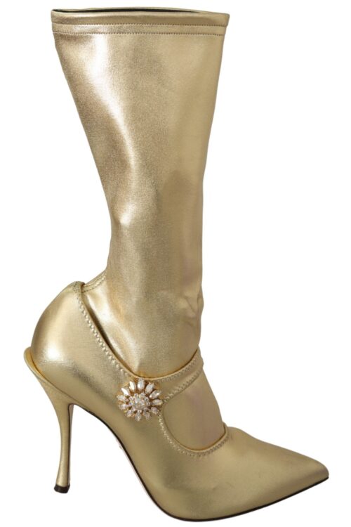 Dolce & Gabbana Elegant Gold Ankle Boots Socks with Rhinestones