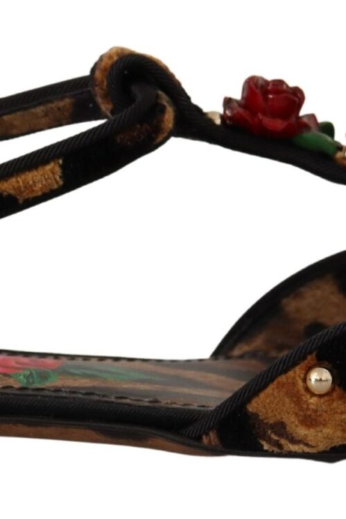 Dolce & Gabbana Floral Embellished Leopard T-Strap Sandals