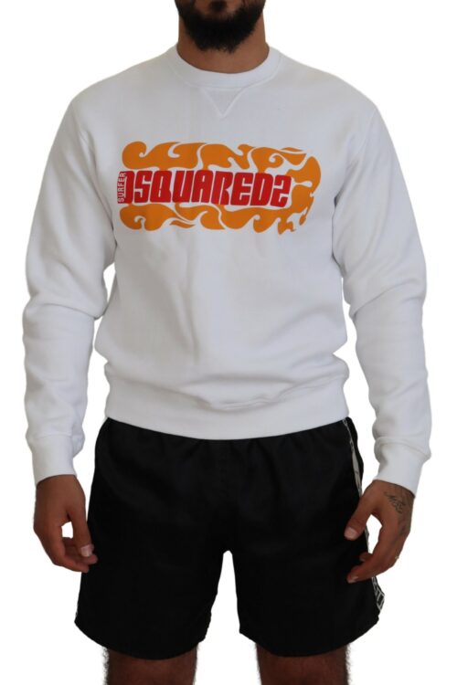 Dsquared² White Cotton Printed Long Sleeves Pullover Sweater