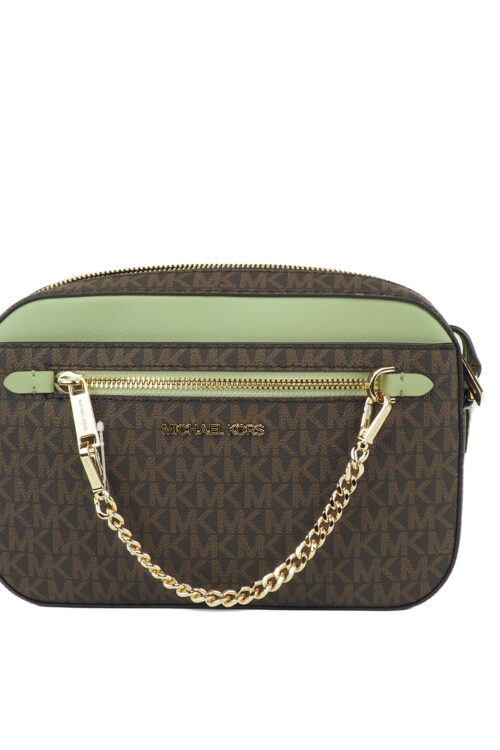 Michael Kors Jet Set Large EW Brown Sage PVC Leather Zip Chain Crossbody Handbag
