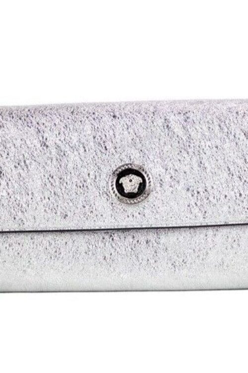 Versace Small Metallic Silver Lamb Leather Medusa Clutch Crossbody Wallet Bag