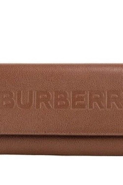 Burberry Porter Tan Grained Leather Embossed Continental Clutch Flap Wallet Brown