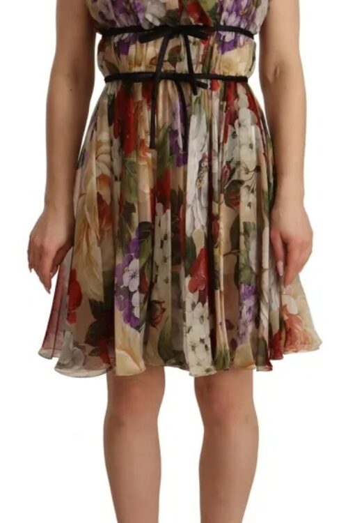 Dolce & Gabbana Beige Floral Sleeveless Round Neck Mini Dress