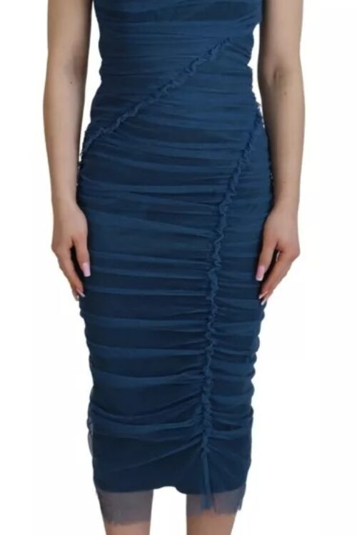 Dolce & Gabbana Blue Mesh Trim Ruched Tulle Sheath Dress