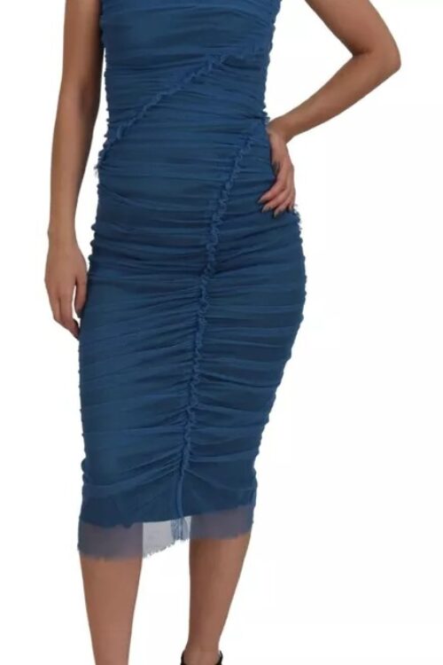 Dolce & Gabbana Blue Mesh Trim Ruched Tulle Sheath Dress
