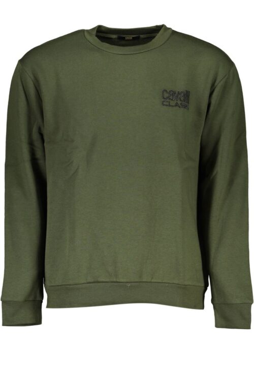 Cavalli Class Chic Green Embroidered Crew Neck Sweater