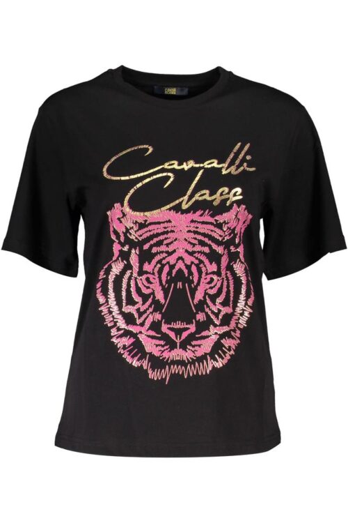 Cavalli Class Elegant Black Cotton Tee with Signature Print