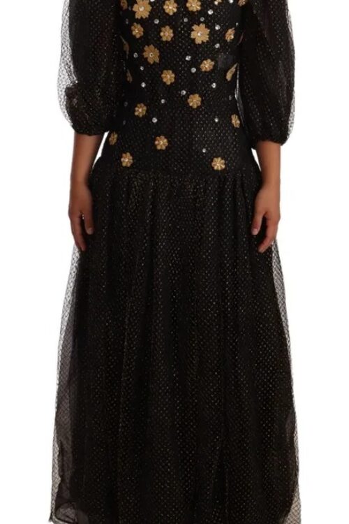 Dolce & Gabbana Black Crystal Floral Maxi Ball Gown Dress
