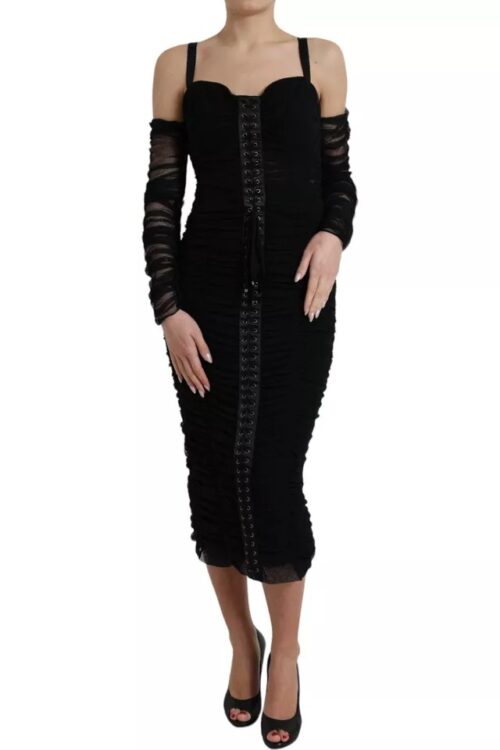Dolce & Gabbana Black Cold Shoulder Stretch Tulle Midi Dress