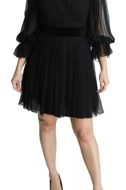 Dolce & Gabbana Black Mesh Pleated Mini Silk Blend Dress