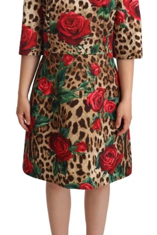 Dolce & Gabbana Brown Leopard Red Roses Cotton A-line Dress