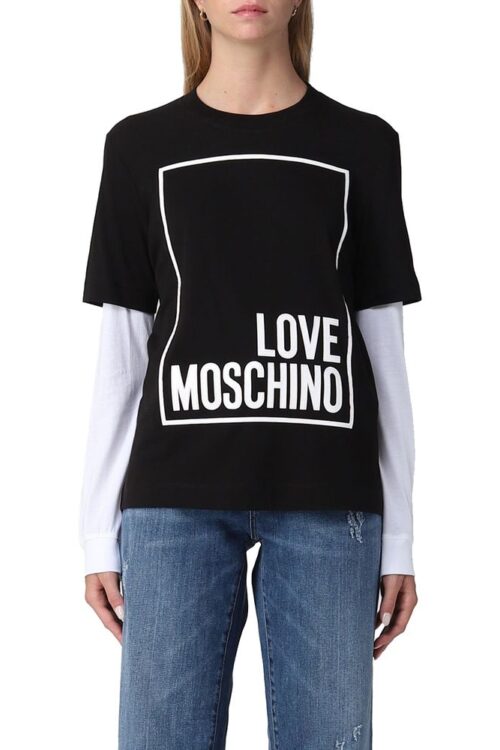 Love Moschino Elegant Black Cotton Tee with Faux-Leather Logo