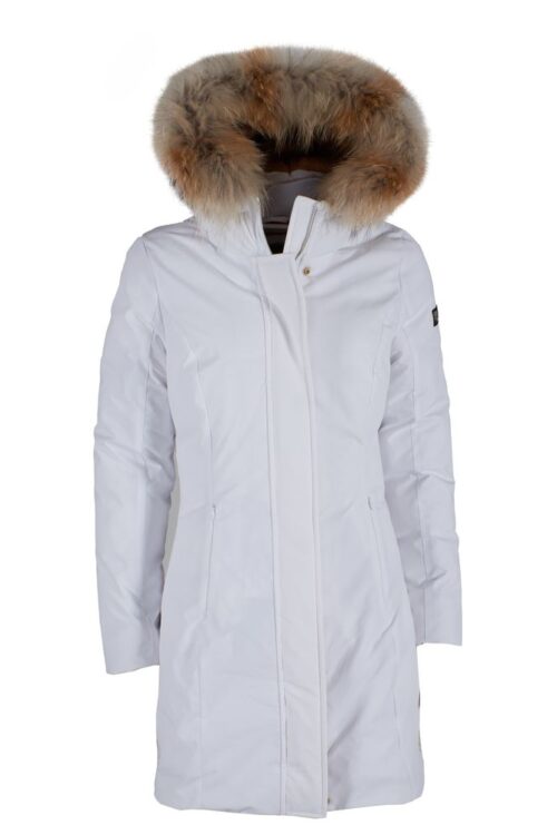 Yes Zee Chic White Down Jacket with Fur-Trimmed Hood