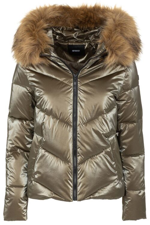 Imperfect Eco-Fur Hooded Down Jacket in Brown