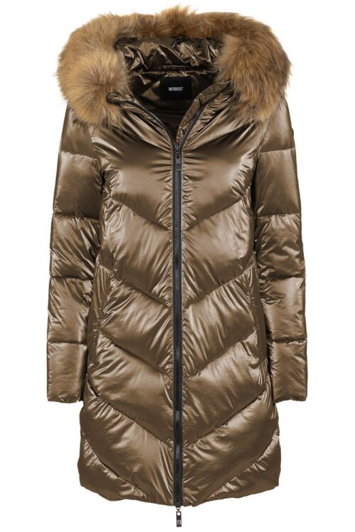 Imperfect Eco-Chic Brown Down Jacket with Faux Fur Hood