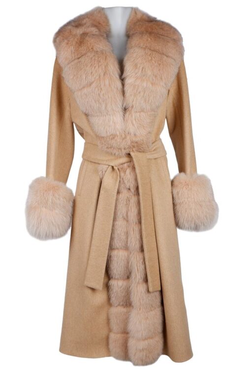 Made in Italy Elegant Beige Wool Coat with Fox Fur Trim