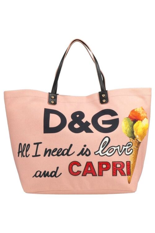 Dolce & Gabbana Elegant Pink Cotton Shopper with Calfskin Accents
