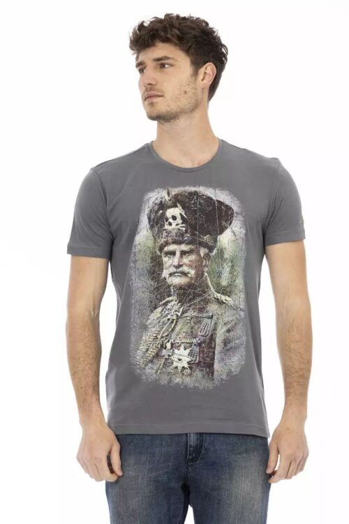 Trussardi Action Elegant Gray Round Neck Tee with Front Print