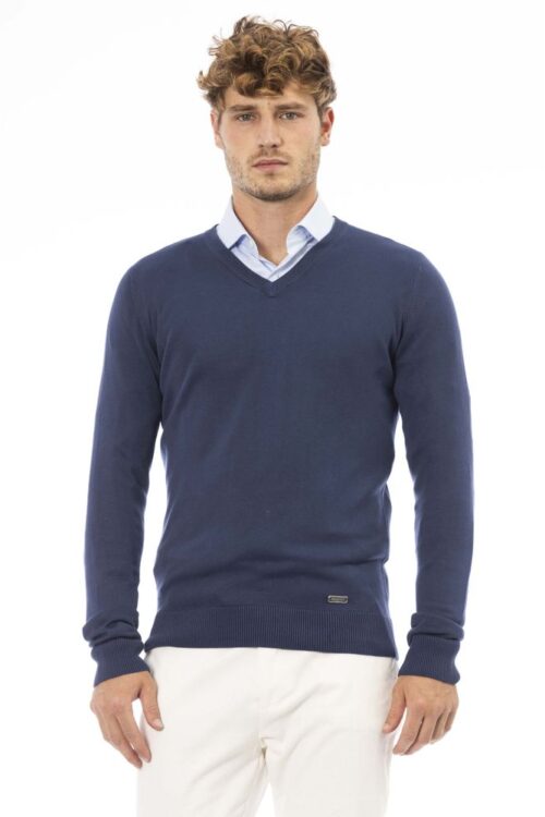 Baldinini Trend Elegant V-Neck Ribbed Blue Sweater