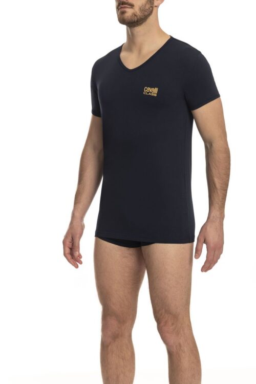 Cavalli Class Chic V-Neck Logo Tee in Blue