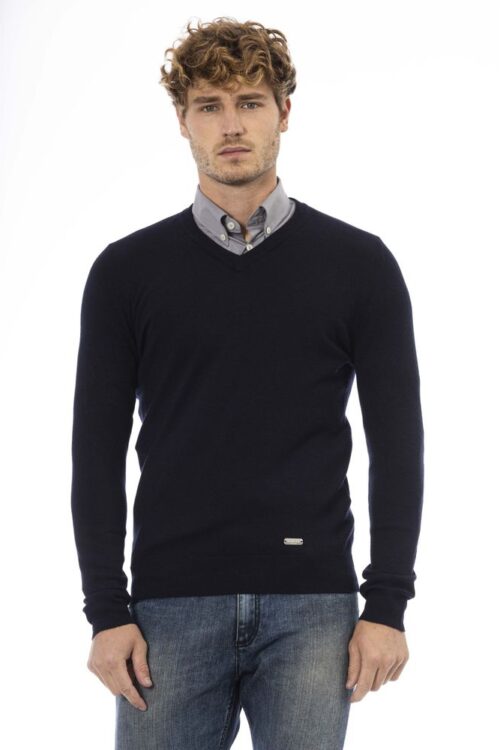 Baldinini Trend Elegant Blue V-Neck Wool-Blend Sweater