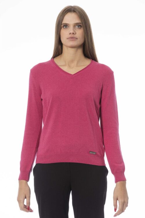 Baldinini Trend Fuchsia V-Neck Ribbed Knit Cashmere Sweater