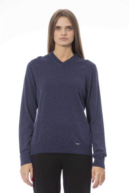 Baldinini Trend Chic V-Neck Blue Sweater
