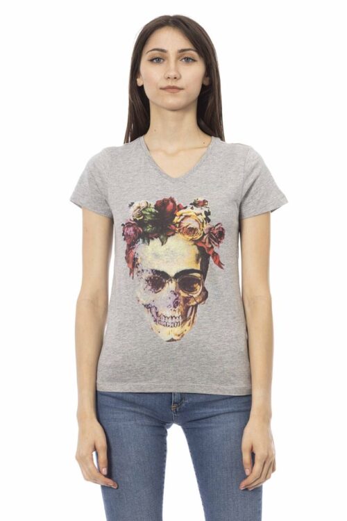 Trussardi Action Elegant Gray V-Neck Tee with Front Print