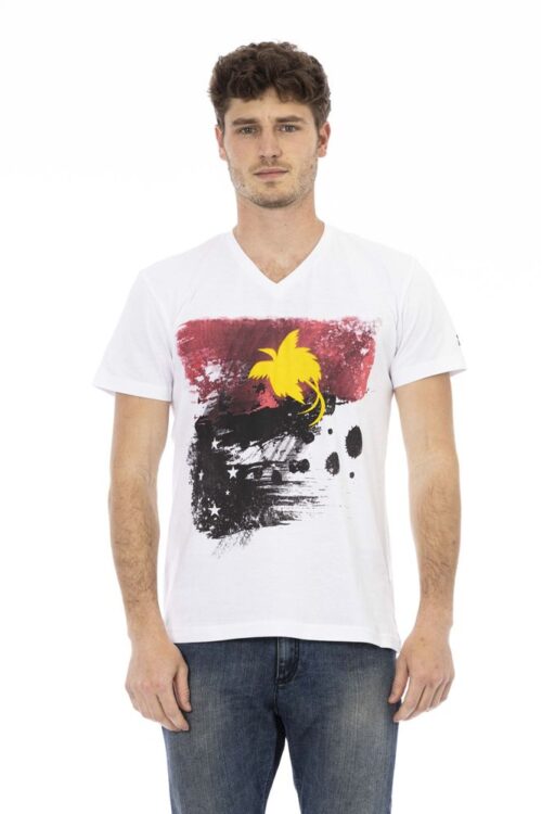 Trussardi Action Elegant White V-Neck Tee with Front Print