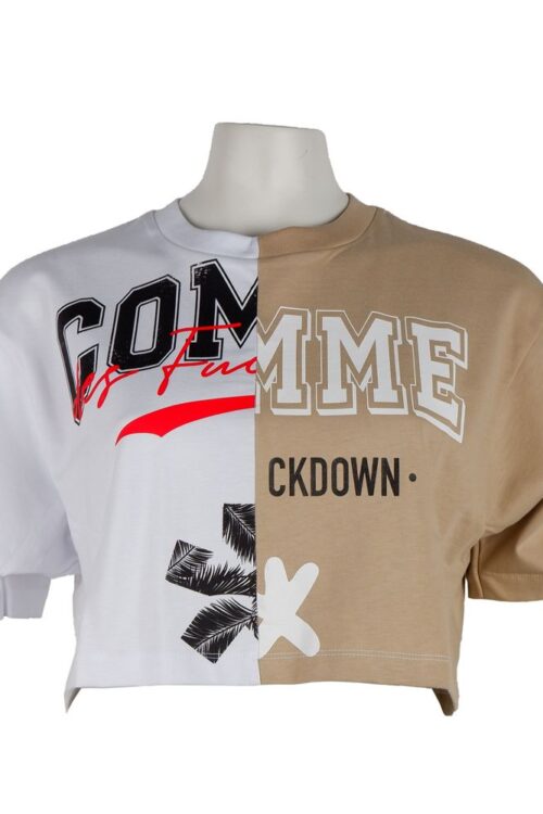 Comme Des Fuckdown Beige Couture Logo Tee with Two-Tone Print