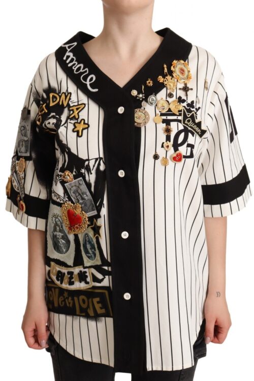 Dolce & Gabbana Elegant Striped V-Neck Blouse with Charms
